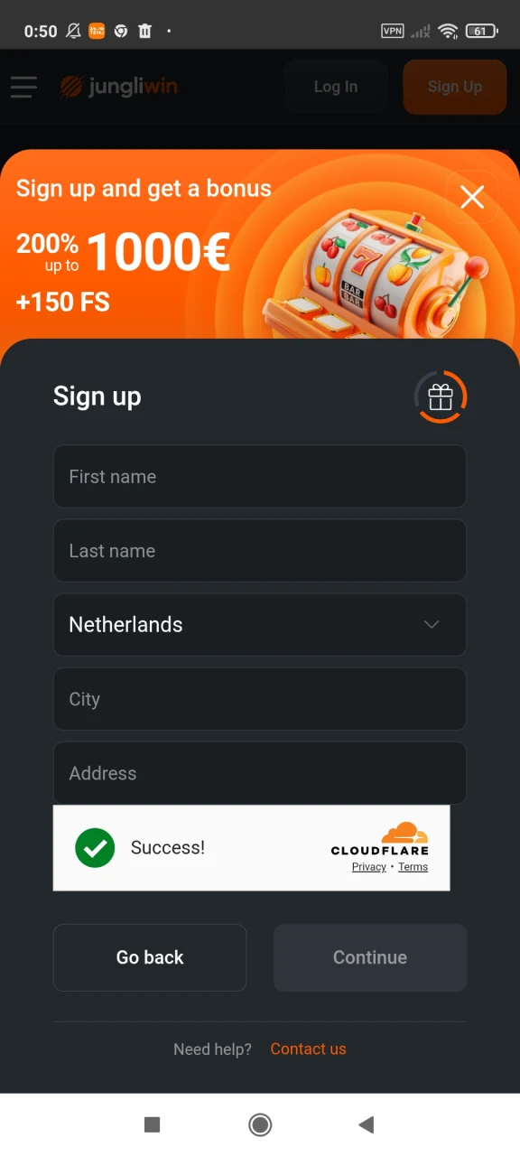 Voer uw naam en adres in om u te registreren op Jungliwin.
