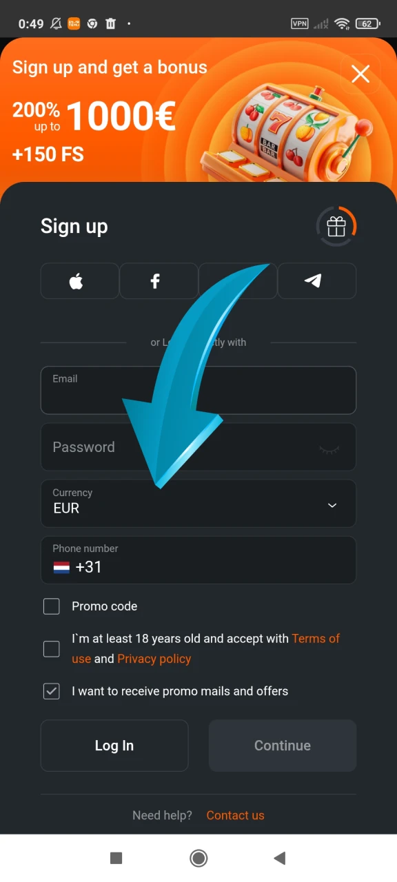 Selecteer uw valuta en voer uw telefoonnummer in het Jungliwin-registratievenster in.